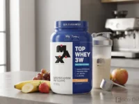 Top Whey 3W Mais Performance da Max Titanium sobre bancada.