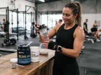 Mulher preparando shake com BCAA e Glutamina.